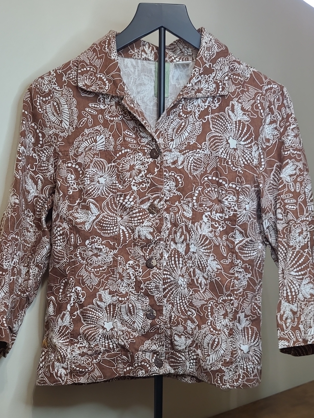 MultipleSoft Brown & White 100% Linen Floral Jacket size Small